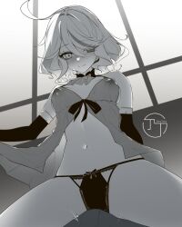 Rule 34 | 1boy, 1girl, ahoge, blush, breasts, bulge, chouchou (austin), closed mouth, covered erect nipples, cowboy shot, furina (genshin impact), genshin impact, girl on top, greyscale, grinding, grinding over clothes, heterochromia, highres, indoors, medium breasts, monochrome, multicolored hair, navel, out of frame, short hair, signature, sitting, smile, solo focus, stomach, streaked hair, sweatdrop, teasing, two-tone hair, underwear, window