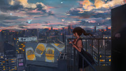 Rule 34 | 1girl, black hair, bow, catzz, cityscape, cloud, cloudy sky, evening, highres, long hair, looking away, original, ponytail, railing, red bow, scenery, short sleeves, sidelocks, skirt, sky