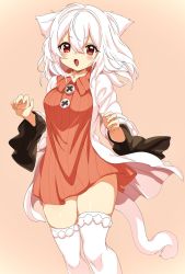 Rule 34 | 1girl, animal ears, breasts, cat ears, cat girl, cat tail, doroame (ameyu), dress, fang, highres, long sleeves, medium breasts, open clothes, open mouth, original, red eyes, short hair, sweater, sweater dress, tail, thighhighs, white hair, white thighhighs, wide sleeves, zettai ryouiki