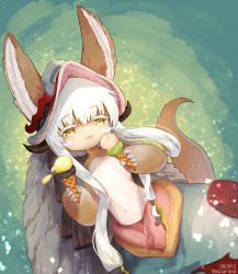 Rule 34 | 1other, androgynous, animal ears, blackcat (blackcatbox), blunt bangs, body fur, brown fur, colored eyelashes, comiket 99, commentary, cowboy shot, dated, dutch angle, ears through headwear, fake horns, food, furry, green background, green pants, helmet, highres, holding, holding food, holding ice cream, horned helmet, horns, ice cream, ice cream cone, light particles, looking at viewer, made in abyss, nanachi (made in abyss), navel, pants, pouch, puffy pants, rabbit ears, short hair with long locks, sidelocks, smile, solo, standing, tail, tongue, twitter username, whiskers, white hair, yellow eyes