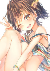 Rule 34 | 10s, 1girl, ;d, bead bracelet, beads, blush, bracelet, breasts, brown eyes, brown hair, camisole, close-up, clothes lift, hiei (kancolle), hiei kai ni (kancolle), jewelry, kantai collection, knees up, large breasts, looking at viewer, matching hair/eyes, one eye closed, open mouth, shirt lift, short hair, simple background, smile, solo, strap slip, striped legwear, sune (mugendai), suneo, teeth, v, white background, wristband