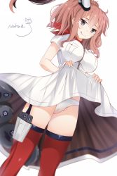 Rule 34 | 10s, 1girl, :q, artist name, blurry, blush, breasts, brown hair, cameltoe, clothes lift, dress, grey eyes, hair between eyes, highres, holster, impossible clothes, kantai collection, large breasts, lifted by self, nahaki, neckerchief, panties, pocket, pouch, red thighhighs, saratoga (kancolle), signature, simple background, sin-poi, skirt, skirt lift, smile, solo, thigh holster, thigh pouch, thighhighs, thighs, tongue, tongue out, underwear, white background, white dress, white panties