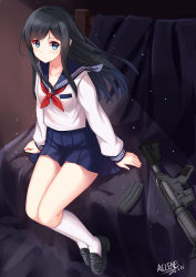 Rule 34 | 10s, 1girl, 2015, absurdres, allenes, artist name, assault rifle, black footwear, black hair, blue eyes, breasts, collarbone, dated, full body, gun, highres, knees together feet apart, legs together, light particles, loafers, long hair, long sleeves, looking at viewer, m4 carbine, magazine (weapon), miniskirt, neckerchief, original, pleated skirt, rifle, school uniform, serafuku, shoes, sitting, skirt, small breasts, socks, solo, weapon, white socks