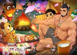 Rule 34 | 1boy, abs, absurdres, alca (wakatanka4), animal costume, animal ears, arm hair, bandaid, bandaid on cheek, bandaid on face, bandaid on nose, bara, beard, black hair, body hair, bulge, camping, chest hair, chest tattoo, chibi, commission, dark-skinned male, dark skin, facial hair, fire, food, grey shorts, hairy, highres, jewelry, large pectorals, leg hair, lion boy, lion ears, male focus, muscular, muscular male, navel, navel hair, necklace, nipples, original, pectorals, peterhl, shoes, short hair, shorts, sneakers, stuffed animal, stuffed toy, tattoo, tent, thick eyebrows, thick thighs, thighs, undercut
