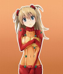 Rule 34 | 00s, 1girl, :&lt;, blue eyes, bodysuit, breasts, brown hair, covering privates, covering breasts, covering crotch, evangelion: 2.0 you can (not) advance, highres, latex, long hair, medium breasts, multicolored clothes, neon genesis evangelion, plugsuit, rebuild of evangelion, solo, souryuu asuka langley, test plugsuit, yuu (genkai77)