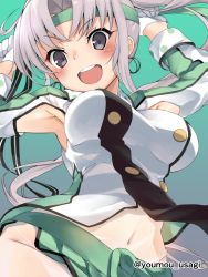 Rule 34 | 1girl, akitsushima (kancolle), armpits, arms up, breasts, commentary request, grey hair, kantai collection, large breasts, long hair, miniskirt, navel, one-hour drawing challenge, open mouth, pleated skirt, purple eyes, side ponytail, skirt, solo, twitter username, youmou usagi