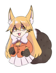 Rule 34 | 1girl, :d, animal ear fluff, animal ears, animal hands, blonde hair, blush, bow, bowtie, buttons, chibi, commentary, cropped torso, english commentary, extra ears, ezo red fox (kemono friends), fox ears, fox girl, fox tail, fur-trimmed sleeves, fur trim, gloves, gradient hair, hair between eyes, highres, jacket, kemono friends, lapels, long hair, long sleeves, looking at viewer, mjdalleria, multicolored hair, necktie, open mouth, paw gloves, pleated skirt, simple background, skirt, smile, smug, solo, tail, white background, white bow, white bowtie, white skirt, yellow eyes, yellow necktie