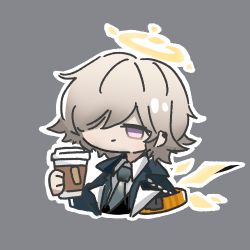 Rule 34 | 1boy, arknights, banbon, black jacket, chibi, coffee cup, cropped torso, cup, disposable cup, enforcer (arknights), grey background, grey necktie, hair over one eye, halo, holding, holding cup, jacket, lowres, male focus, necktie, open clothes, open jacket, purple eyes, short hair, silver hair, simple background, solo, upper body