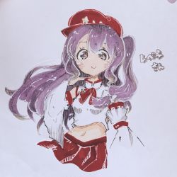 Rule 34 | 1girl, artist request, bare shoulders, breasts, cabbie hat, detached sleeves, extra, flat cap, hat, highres, label girl (dipp), long hair, mandarin collar, midriff, navel, purple hair, red hat, red neckwear, red ribbon, red skirt, ribbon, side ponytail, simple background, skirt, small breasts, solo, star (symbol), stomach, touhou, traditional media, vest, white background, white vest