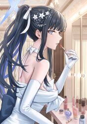 Rule 34 | 1girl, absurdres, applying makeup, black hair, blue archive, blue eyes, blue halo, breasts, dress, elbow gloves, gloves, halo, highres, large breasts, lipstick, long hair, looking at viewer, makeup, official alternate costume, open mouth, saori (blue archive), saori (dress) (blue archive), simoumi 217, solo, strapless, strapless dress, white gloves
