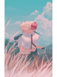 Rule 34 | 2boys, absurdres, artist name, bag, bakugou katsuki, belt, belt buckle, bicycle, bicycle basket, blonde hair, blue bag, blue pants, blue sky, boku no hero academia, brown belt, buckle, burn scar, closed eyes, cloud, collared shirt, commentary, cryptic (crypt1c), day, dropping, eyelashes, food, hand up, highres, kiss, male focus, mountain, mountainous horizon, multicolored hair, multiple boys, necktie, outdoors, pants, pillarboxed, popsicle, red hair, red necktie, scar, scar on face, school bag, school uniform, shirt, shirt tucked in, short hair, short sleeves, shoulder bag, sky, spiked hair, split-color hair, standing, todoroki shouto, twitter username, two-tone hair, u.a. school uniform, wheat field, white hair, white shirt, wing collar, yaoi