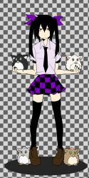Rule 34 | 1girl, bags under eyes, black hair, checkered background, checkered clothes, checkered skirt, female focus, furby, hata-tan (rui (hershe)), highres, himekaidou hatate, long image, necktie, rui (hershe), skirt, solo, tall image, thighhighs, touhou, twintails