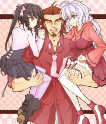 Rule 34 | 10s, 1boy, 2girls, :d, :o, black footwear, black hair, blunt bangs, boots, breasts, carrying, cleavage, clenched hand, commentary request, dress, facial hair, garter straps, goatee, hottate, interlocked fingers, jewelry, kazanari genjuurou, large breasts, long hair, multiple girls, necklace, open mouth, own hands together, pleated skirt, purple eyes, purple footwear, purple legwear, red dress, red hair, senki zesshou symphogear, shoes, short hair, shoulder carry, skirt, smile, sweatdrop, thighhighs, tsukuyomi shirabe, twintails, wavy mouth, white legwear, yukine chris