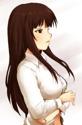 Rule 34 | 10s, 1girl, black eyes, brown hair, crossed arms, girls und panzer, highres, jewelry, long hair, mature female, nishizumi shiho, parted lips, ring, sakaki imasato, solo, upper body, wedding band