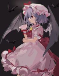 Rule 34 | 1girl, absurdres, ascot, bat wings, black background, closed mouth, cowboy shot, cup, dress, from side, hair between eyes, hat, hat ribbon, highres, holding, holding cup, kani nyan, mob cap, pink dress, pink hat, purple hair, red ascot, red eyes, red ribbon, remilia scarlet, ribbon, short hair, short sleeves, simple background, solo, standing, touhou, wings