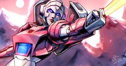 Rule 34 | 1girl, arcee, armor, autobot, blue eyes, colored skin, dataglitch, energy sword, helmet, humanoid robot, lina rojas, metal skin, red lips, robot, robot girl, solo, sword, the transformers (idw), transformers, weapon, white skin