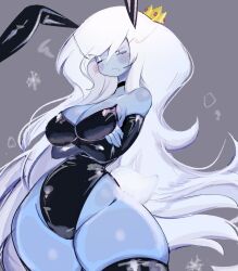 Rule 34 | 1girl, adventure time, animal ears, arms under breasts, black leotard, blue skin, blush, breasts, cleavage, colored skin, crossed arms, crown, embarrassed, fake animal ears, ice queen (adventure time), large breasts, leotard, long hair, playboy bunny, rabbit ears, solo, strapless, strapless leotard, thick thighs, thighhighs, thighs, usa37107692, white hair, wide hips