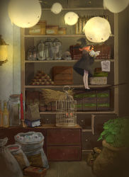 Rule 34 | 1girl, bird, birdcage, book, bookshelf, bottle, braid, broom, broom riding, broom surfing, cage, can, candle, dress, eyeball, from side, ghost, hat, humanlynn, indoors, long hair, long sleeves, mini person, minigirl, open book, orange hair, original, owl, plant, reading, sack, shoes, skull, solo, twin braids, wide sleeves, witch, witch hat