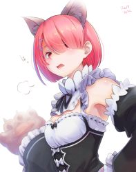 Rule 34 | 1girl, puff of air, animal ears, animal hands, black dress, breasts, cat day, cat ears, dated, detached sleeves, dress, fang, frilled dress, frilled sleeves, frills, gloves, hair ornament, hair over one eye, hairclip, looking at viewer, parted lips, paw gloves, pink hair, ram (re:zero), re:zero kara hajimeru isekai seikatsu, red eyes, roswaal mansion maid uniform, short hair, simple background, small breasts, solo, tomamatto, upper body, white background