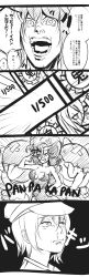 Rule 34 | &gt; o, 1girl, 4koma, ;p, abyssal ship, admiral (kancolle), afro, bandages, battleship water oni, breasts, cleavage, collarbone, comic, death note, double v, dress, emphasis lines, gameplay mechanics, greyscale, hand on own hip, highres, horns, kantai collection, long hair, medium breasts, monochrome, o3o, one eye closed, open mouth, pan-pa-ka-paaan!, parody, sekigan, single horn, tears, tongue, tongue out, translation request, v, yagami light