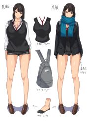 Rule 34 | 1girl, absurdres, backpack, bag, black hair, black panties, black vest, blazer, blouse, blue scarf, bouhatei (t-back), breasts, brown footwear, character sheet, cleavage, collarbone, collared shirt, commentary request, diagonal stripes, expressionless, full body, gluteal fold, grey skirt, head tilt, highres, huge breasts, jacket, loafers, looking at viewer, loose necktie, medium hair, miniskirt, necktie, open clothes, open jacket, original, panties, pantyshot, partially unbuttoned, plaid, plaid skirt, pleated skirt, purple eyes, scarf, school uniform, shirt, shoes, simple background, skirt, sleeves rolled up, socks, solo, standing, striped, swept bangs, thighs, translation request, underwear, variations, vest, white background, white shirt