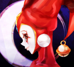 Rule 34 | 1girl, chrono cross, commentary request, facepaint, gamma ray burst, harlequin, hat, jester cap, moon, red eyes, solo, harle (chrono cross)