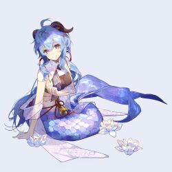 Rule 34 | 1girl, blue hair, ganyu (genshin impact), genshin impact, highres, horns, looking at viewer, mermaid, monster girl, monsterification, oriori 0201, smile, solo