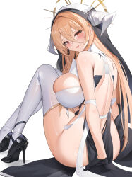 Rule 34 | 1girl, absurdres, ass, azur lane, b grade, back, backless dress, backless outfit, bare arms, bare shoulders, black dress, black footwear, black gloves, blonde hair, breasts, commentary request, dress, from behind, gloves, gold trim, hair between eyes, halo, high heels, highres, horns, implacable (azur lane), knees up, korean commentary, large breasts, long hair, looking at viewer, looking back, median furrow, no panties, open mouth, patent heels, pelvic curtain, pumps, red eyes, revealing clothes, revision, shoes, sideboob, sidelocks, simple background, sitting, skindentation, sleeveless, sleeveless dress, smile, solo, stiletto heels, thighhighs, thighs, veil, very long hair, white background, white thighhighs