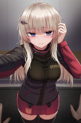 Rule 34 | 1girl, ahoge, ak74m (girls&#039; frontline), black jacket, black thighhighs, blonde hair, closed mouth, colored skin, empty eyes, foreshortening, girls&#039; frontline, hair ornament, tucking hair, highres, jacket, light blush, long hair, looking at viewer, original, out of frame, pencil skirt, reaching, reaching towards viewer, red skin, russian text, skirt, snowflake hair ornament, solo focus, standing, thighhighs, yakob labo, zettai ryouiki
