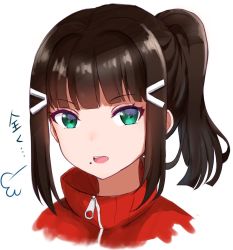 Rule 34 | 1girl, puff of air, alternate hairstyle, bad id, bad pixiv id, black hair, green eyes, hair ornament, hairclip, jacket, kurosawa dia, love live!, love live! sunshine!!, mia (fai1510), open mouth, ponytail, portrait, red jacket, sidelocks, simple background, solo, track jacket, translation request, turtleneck, white background, zipper pull tab