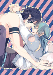 Rule 34 | 10s, 2boys, arm support, arms around neck, bad id, bad pixiv id, belt, between legs, black hair, blue hair, couple, dramatical murder, earrings, eye contact, facial mark, forehead-to-forehead, heads together, heart, hood, hooded jacket, interlocked fingers, jacket, jewelry, legs up, long hair, looking at another, lying, male focus, mogi (green tea planet), monoxi, multiple boys, on back, outline, pillow, pointy ears, profile, ren (dramatical murder), seragaki aoba, shirt, topless male, short hair, smile, striped, striped background, studded belt, t-shirt, tattoo, yaoi, yellow eyes