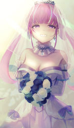 Rule 34 | 1girl, absurdres, bare shoulders, blunt bangs, bouquet, breasts, bridal veil, bride, cleavage, colored inner hair, commentary, cowboy shot, detached collar, dress, drill hair, earrings, elbow gloves, flower, gloves, grin, highres, holding, holding bouquet, hololive, huge filesize, jewelry, large breasts, long hair, looking at viewer, minato aqua, minato aqua (aqua iro super dream), multicolored hair, purple eyes, purple hair, sidelocks, smile, solo, strapless, strapless dress, streaked hair, twin drills, twintails, two-tone hair, veil, virtual youtuber, wedding, wedding dress, white dress, white gloves, yoruillust