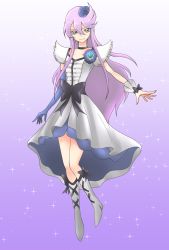 Rule 34 | 10s, 1girl, absurdres, asymmetrical clothes, blue flower, blue rose, boots, bow, brooch, choker, cure moonlight, dress, elbow gloves, flower, full body, gloves, gradient background, grey eyes, hair flower, hair ornament, heart, heart brooch, heartcatch precure!, highres, jewelry, knee boots, long hair, magical girl, precure, purple background, purple hair, ribbon, rose, single elbow glove, single glove, smile, solo, sparkle, tsukikage oyama, tsukikage yuri, waist bow, white background, wrist cuffs