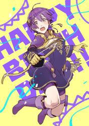 Rule 34 | 1girl, ahoge, arrow (projectile), bernadetta von varley, bike shorts, boots, bow (weapon), breasts, cleavage, dress, earrings, fire emblem, fire emblem: three houses, full body, gloves, grey eyes, hair ornament, happy birthday, highres, holding, holding bow (weapon), holding weapon, jewelry, nintendo, open mouth, oragamura999, purple hair, quiver, short dress, solo, weapon, yellow gloves