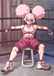 Rule 34 | absurdres, afro puffs, alternate muscle size, artist request, bare shoulders, bike shorts, boxing shorts, chuatury panlunch, gundam, gundam suisei no majo, highres, indoors, medium hair, padded gloves, pink eyes, pink hair, pink sports bra, shoes, shorts, solo, sports bra, stool, toned