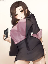 Rule 34 | 1girl, absurdres, arm behind back, black jacket, black skirt, blazer, blush, breasts, brown eyes, brown hair, closed mouth, enzone, eyebrows hidden by hair, eyes visible through hair, gotou airi, hairband, hige wo soru. soshite joshikousei wo hirou., highres, holding, holding phone, jacket, large breasts, long hair, mole, mole under eye, open clothes, open jacket, phone, shirt, skirt, smile, solo, standing, thighs, watch, wristwear