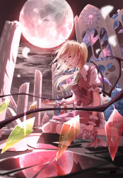 Rule 34 | 1girl, ascot, blonde hair, blood, blood on hands, blouse, blurry, commentary request, crystal, depth of field, falling petals, flandre scarlet, full moon, hat, highres, looking ahead, mob cap, moon, night, night sky, no headwear, otomeza ryuseigun, petals, pointy ears, red eyes, scenery, shirt, sitting, sky, solo, swept bangs, touhou, unworn hat, unworn headwear, white shirt, wings, yellow ascot