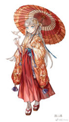 Rule 34 | 1girl, blue eyes, blunt bangs, braided hair rings, brown footwear, character request, chinese commentary, closed mouth, commentary request, copyright request, fingernails, floral print, full body, hair ornament, hakama, hakama skirt, holding, holding umbrella, hong (hong11117), japanese clothes, long hair, long skirt, long sleeves, looking at viewer, obi, oil-paper umbrella, okobo, orange shirt, orange sleeves, red hakama, red umbrella, sandals, sash, shirt, simple background, skirt, smile, smoke, socks, solo, tabi, tassel, umbrella, very long hair, watermark, weibo logo, weibo watermark, white background, white hair, white socks, wide sleeves