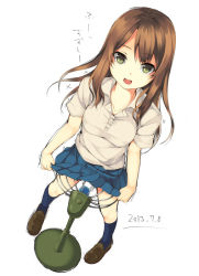 Rule 34 | 1girl, :d, blue legwear, brown hair, dated, electric fan, fanning crotch, green eyes, loafers, open mouth, original, polo shirt, shoes, skirt, smile, solo, standing, unasaka ryou, white background