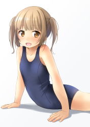 Rule 34 | 1girl, :d, arm support, bare arms, bare shoulders, blue one-piece swimsuit, blush, breasts, brown eyes, brown hair, collarbone, commentary request, cowboy shot, grey background, highres, long hair, looking at viewer, one-piece swimsuit, open mouth, original, school swimsuit, shadow, shibacha, small breasts, smile, solo, swimsuit, twintails
