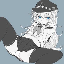 Rule 34 | 1girl, absurdres, anchor symbol, blue background, blue eyes, breasts, commentary, dated, flat cap, greyscale, hair between eyes, hat, hibiki (kancolle), highres, kantai collection, long hair, looking at viewer, medium breasts, miniskirt, monochrome, neckerchief, panties, parted lips, pleated skirt, sailor collar, school uniform, senoo arika, serafuku, simple background, skirt, solo, spot color, spread legs, thighhighs, underwear