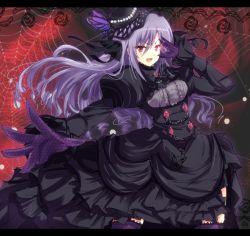 Rule 34 | 1girl, bad id, bad pixiv id, black dress, black hat, breasts, butterfly hat ornament, commentary request, dress, gloves, glowing, glowing eyes, grey hair, hat, hat ornament, idolmaster, idolmaster cinderella girls, idolmaster cinderella girls starlight stage, juliet sleeves, kanna543, kanzaki ranko, long hair, long sleeves, medium breasts, outstretched hand, puffy sleeves, purple gloves, purple thighhighs, red eyes, silk, solo, spider web, thighhighs, tilted headwear, v