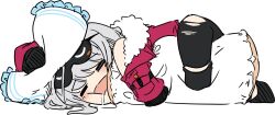 1girl drooling frayed_clothes frima_(nikke) fur-trimmed_jacket fur_trim goddess_of_victory:_nikke grey_hair highres jacket long_hair off_shoulder pants pillow second-party_source sesield sleep_mask sleeping torn_clothes torn_pants white_background