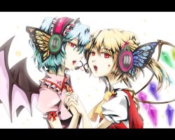 Rule 34 | 2girls, blonde hair, blood, blue hair, butterfly wings, female focus, flandre scarlet, headphones, headset, holding hands, insect wings, izumo sakuto, letterboxed, magnet (vocaloid), moroha5121, multiple girls, open mouth, parody, red eyes, remilia scarlet, siblings, sisters, touhou, upper body, vocaloid, wings, yuri