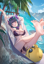 Rule 34 | 1girl, :3, absurdres, animal ears, arm behind head, armpits, arms up, artist request, ass, azur lane, barefoot, beach, bikini, blue hair, breasts, cat ears, cheshire (azur lane), cheshire (summery date!) (azur lane), chinese commentary, choker, cleavage, cliff, closed eyes, closed mouth, commentary request, crossed legs, eyewear on head, fake animal ears, feet, foot focus, frilled hairband, frilled ribbon, frills, garter straps, hairband, hammock, highres, large breasts, legs, legs up, lying, manjuu (azur lane), multicolored hair, neck ribbon, ocean, official alternate costume, on back, palm tree, purple bikini, purple choker, purple garter, ribbon, ribbon choker, sand, see-through, see-through shirt, short hair, smile, soles, solo, strapless, strapless bikini, streaked hair, sunglasses, swimsuit, thigh strap, tinted eyewear, toes, tree, two-tone hair, water, xiaoguolidun