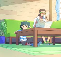 Rule 34 | 2boys, ame (ame025), ash ketchum, blue curtains, blue footwear, blue shirt, brown-tinted eyewear, brown eyes, brown hair, closed eyes, closed mouth, commentary request, couch, creatures (company), cup, curtains, drinking, facial hair, flower pot, from below, full body, game freak, green-framed eyewear, green carpet, green footwear, green hair, grey pants, hair bun, holding, holding newspaper, indoors, kukui (pokemon), lab coat, male focus, mug, multiple boys, newspaper, nintendo, on floor, pants, plant, pokemon, pokemon (anime), pokemon sm (anime), potted plant, rug, running bond, shirt, shoes, short hair, short sleeves, single hair bun, sitting, smile, steam, striped clothes, striped shirt, sunglasses, table, tinted eyewear, window, wooden wall, z-ring