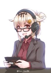 Rule 34 | &gt;:d, 10s, 1girl, :d, alternate costume, alternate hairstyle, bespectacled, bow, disco brando, fang, folded ponytail, glasses, hair bow, hair flaps, hair ornament, hair ribbon, hairclip, headset, holding, kantai collection, light brown hair, long hair, looking at viewer, open mouth, red eyes, ribbon, simple background, smile, solo, twitter username, v-shaped eyebrows, white background, yuudachi (kancolle), yuudachi kai ni (kancolle)