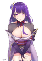 Rule 34 | 1girl, absurdres, armor, bad id, bad pixiv id, breasts, bridal gauntlets, cleavage, commentary request, flower, genshin impact, hair ornament, highres, japanese clothes, kimono, large breasts, larger bmx, long hair, long sleeves, looking at viewer, mitsudomoe (shape), mole, mole under eye, open mouth, purple eyes, purple flower, purple hair, raiden shogun, ribbon, sash, shoulder armor, simple background, solo, tomoe (symbol), white background, wide sleeves
