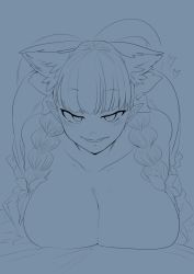 Rule 34 | 1girl, animal ear fluff, animal ears, braid, breasts, cat ears, cleavage, collarbone, extra ears, fangs, half-closed eyes, huge breasts, kaenbyou rin, large breasts, looking at viewer, lower teeth only, mizuga, monochrome, multiple tails, nekomata, nude, parted lips, partially undressed, pointy ears, solo, tail, teeth, top-down bottom-up, touhou, twin braids, two tails, upturned eyes, wide hips