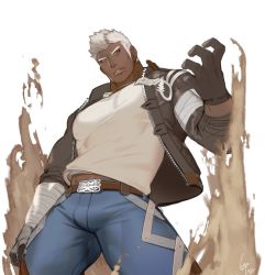 Rule 34 | 1boy, bandages, bandaged arm, bandages, bara, belt, brown belt, brown gloves, brown jacket, bulge, character request, check copyright, copyright request, dark skin, dark-skinned male, denim, feet out of frame, fighting stance, gloves, gomtang, jacket, jeans, large pectorals, long sideburns, male focus, mature male, midriff peek, muscular, muscular male, navel, open clothes, open jacket, original, pants, pectorals, sand, shirt, short hair, sideburns, solo, thick thighs, thighs, tight clothes, tight shirt, unzipped, very dark skin, white hair, white shirt